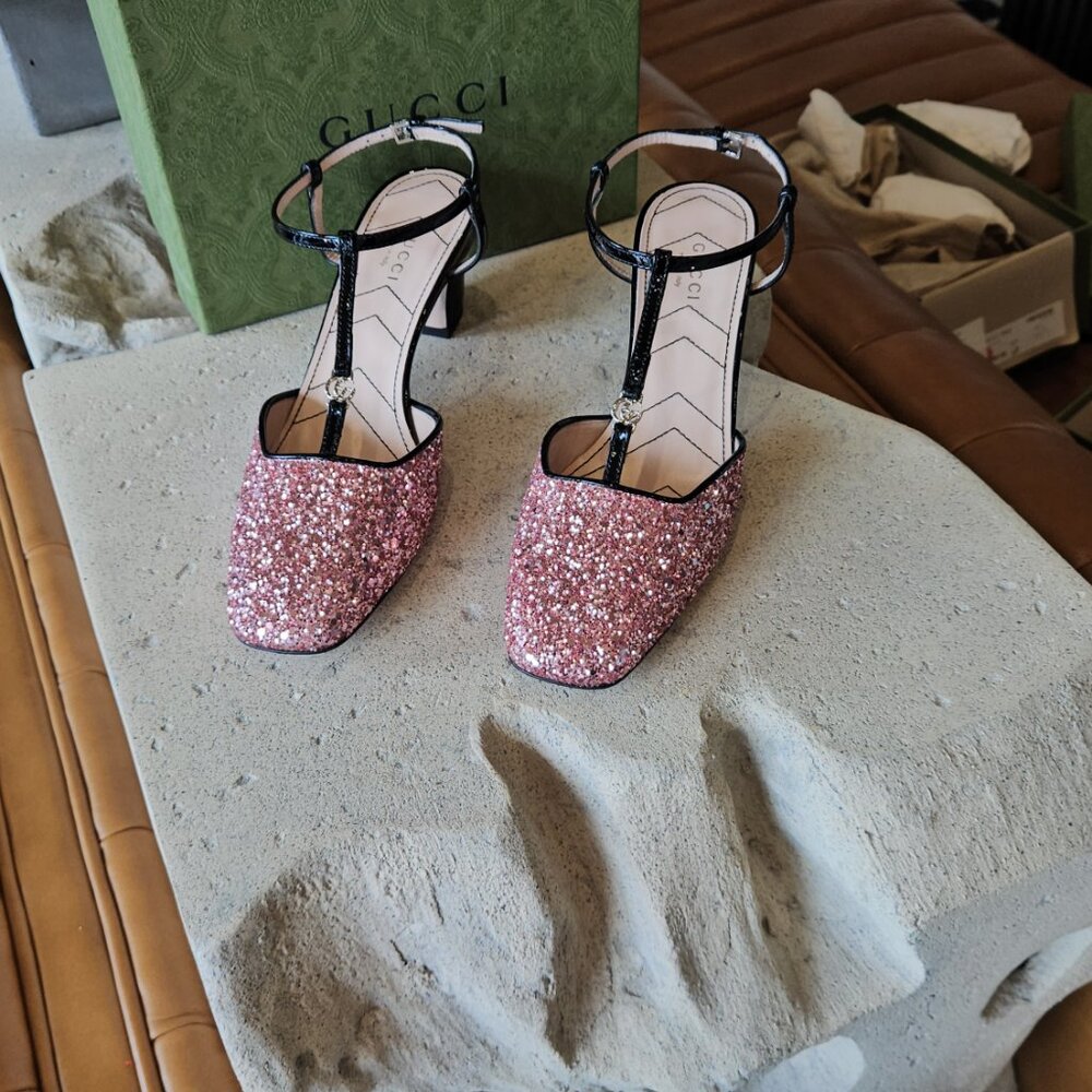 Gucci Pink Glitter Slingback Double G Pumps 55mm - Picture 8 of 8